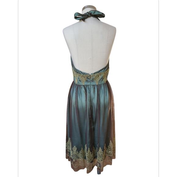 Adrianna Papell Boutique Halter Dress Sheer Embellished Size 8 Green Whimsigoth - Picture 3 of 12